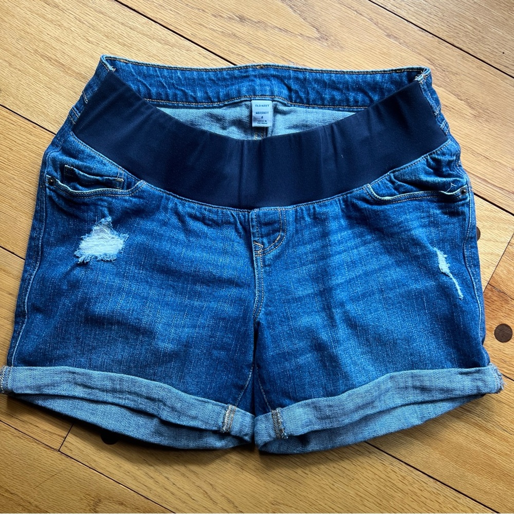 Old Navy Maternity Distressed Blue Jean Shorts with Elastic Waistband